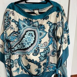XOXO 100% Silk Teal and Cream Floral Blouse